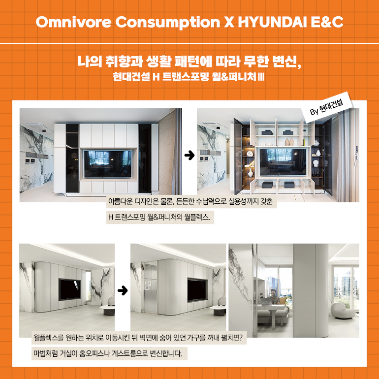 Omnivore Consumption X HYUNDAI E&C 나의 취향과 생활 패턴에 따라 무한 변신, 현대건설 H 트랜스포밍 월&퍼니처 ||| 아름다운 디자인은 물론, 든든한 수납력으로 실용성까지 갖춘 H트랜스포밍 월&퍼니처의 월플렉스, 월플렉스를 원하는 위치로 이동시킨 뒤 벽면에 숨어 있던 가구를 꺼내 펼치면? 마법처럼 거실이 홈오피스나 게스트룸으로 변신합니다. By 현대건설